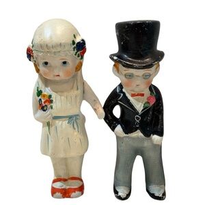 VTG Early Bisque Ceramic Porcelain Doll Boy & Girl Bride & Groom Wedding Couple‎